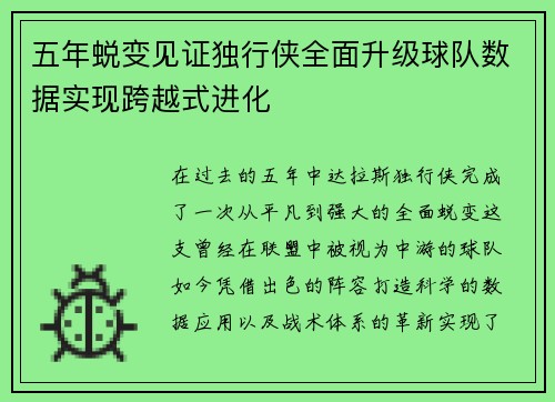 五年蜕变见证独行侠全面升级球队数据实现跨越式进化